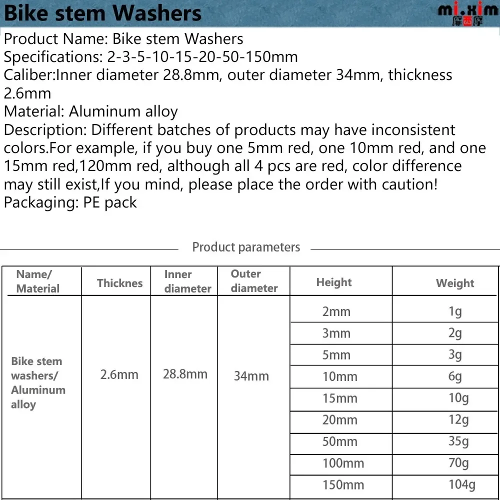 Bike Stem Washer Heighten Thicken Gasket Spacer For Bicycle Fork 28.6mm Headset Spacers Ring Cycling Accessories 50/100/150mm