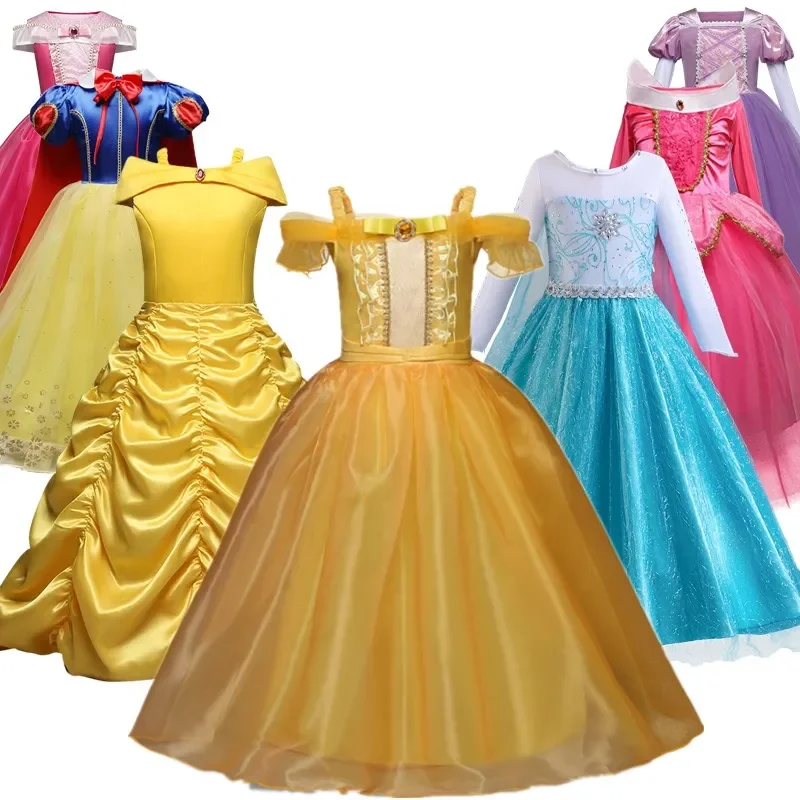 Girls Belle Princess Dress Children Snow White Elsa Cosplay Costume Kids Beauty and The Beast Halloween Carnival Party Outfit