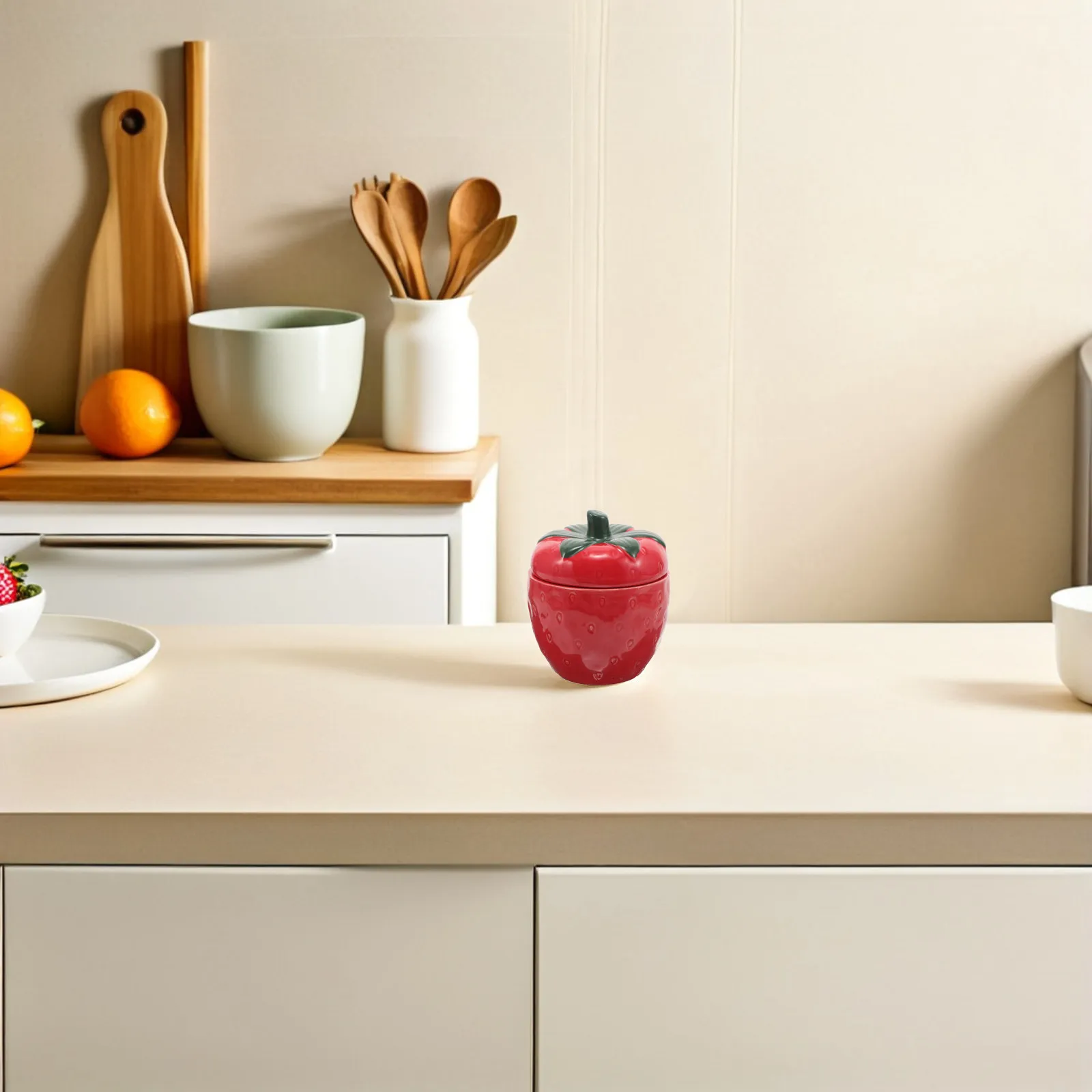 Tarro de cerámica para almacenamiento de fresas, tapa hermética roja, lindo contenedor para dulces y galletas, organizador decorativo para encimera de cocina