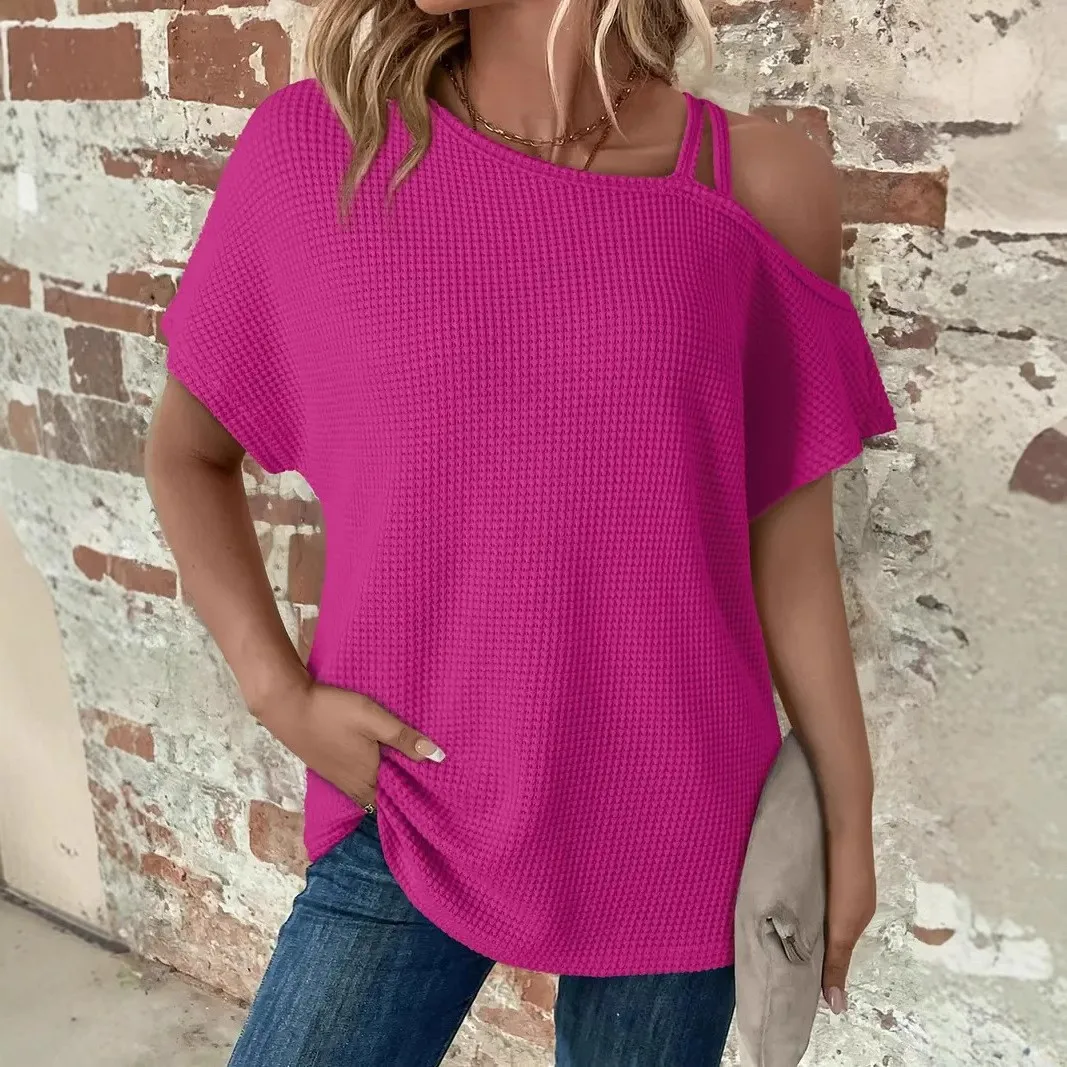 Short Sleeve T Shirt For Woman Off Shoulder Waffle Knit Tee Loose Fit Solid Color Pink Cropped Length Streetwear Pullover