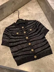 2024 Summer New Fashion Zebra Pattern Gold Button Short Sleeve Knitted Shirt Top Women's Round Neck Black Cardigan Sweater