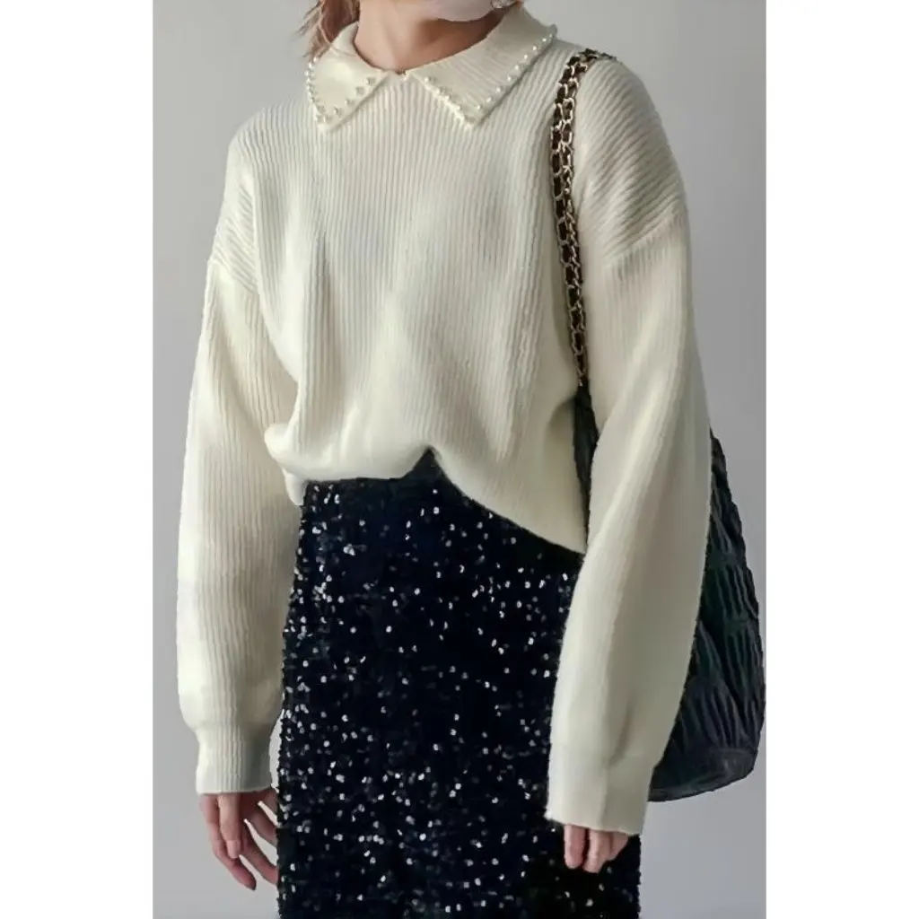 

Women's Long Sleeve Knitted Sweater Joker Collar Bead Design Autumn Winter Base Shirt