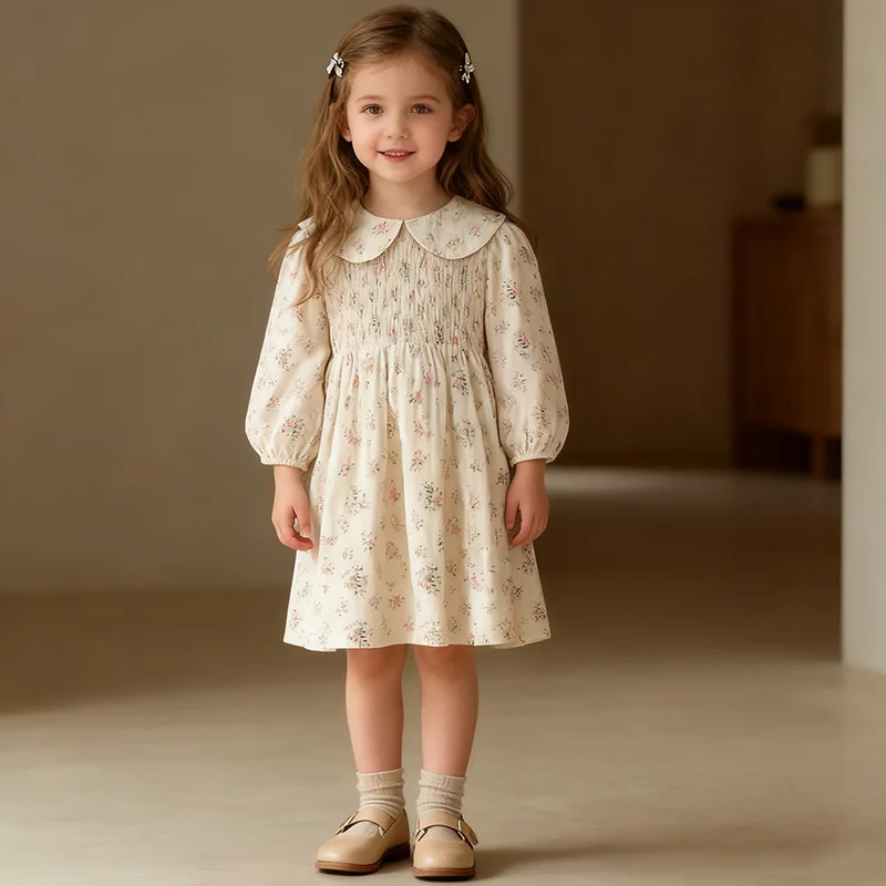 

Girls Floral Print Dress French Knot Long Sleeve Princess Skirt Spring Autumn Korean Style Children's Clothing for Little Girls
