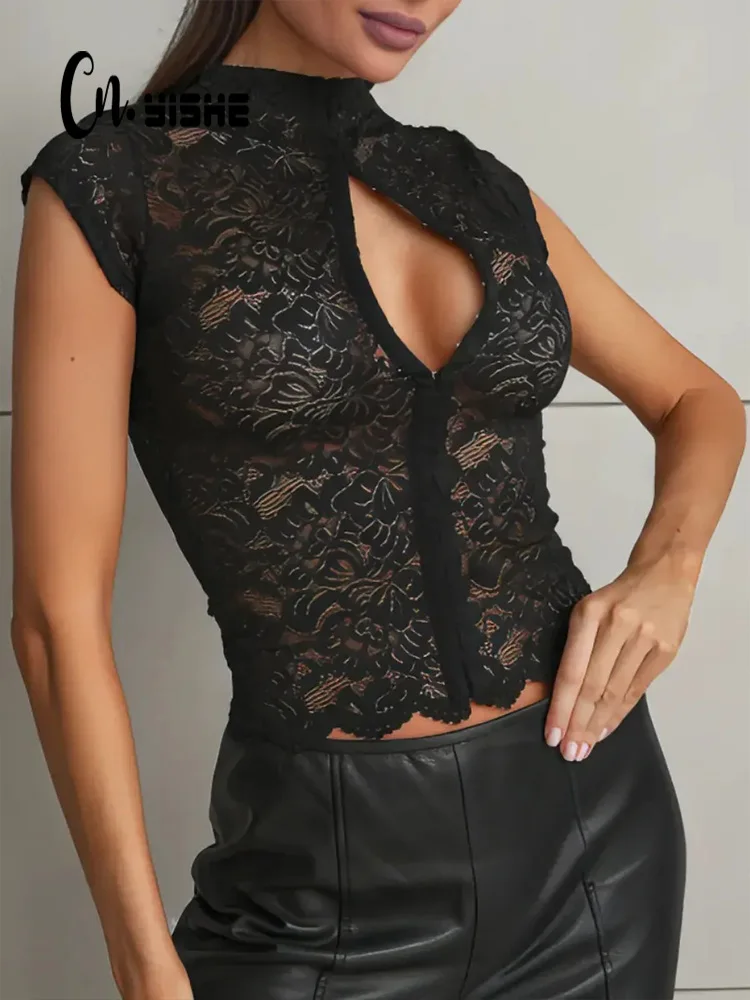 

CNYISHE Lace Button Sheer Sheath Fashion Women Tops Casual Streetwear Sexy Club Chic Short Sleeve Female Tees Blous Outfits