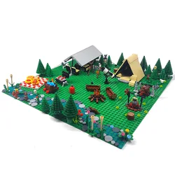 MOC Outdoor Camping Picnic Equipment Tent Camp Light Scene Barbecue Grill Chicken Rolls Table Folding Chair Building Block Toy