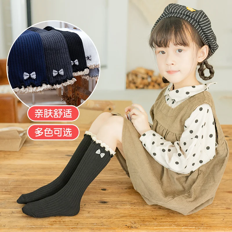 Sweet Lolita Children Japanese Style Polka Dot Pattern Small Bow Lace Trim Long Socks Comfort Elastic Cute Daily Wear Stockings