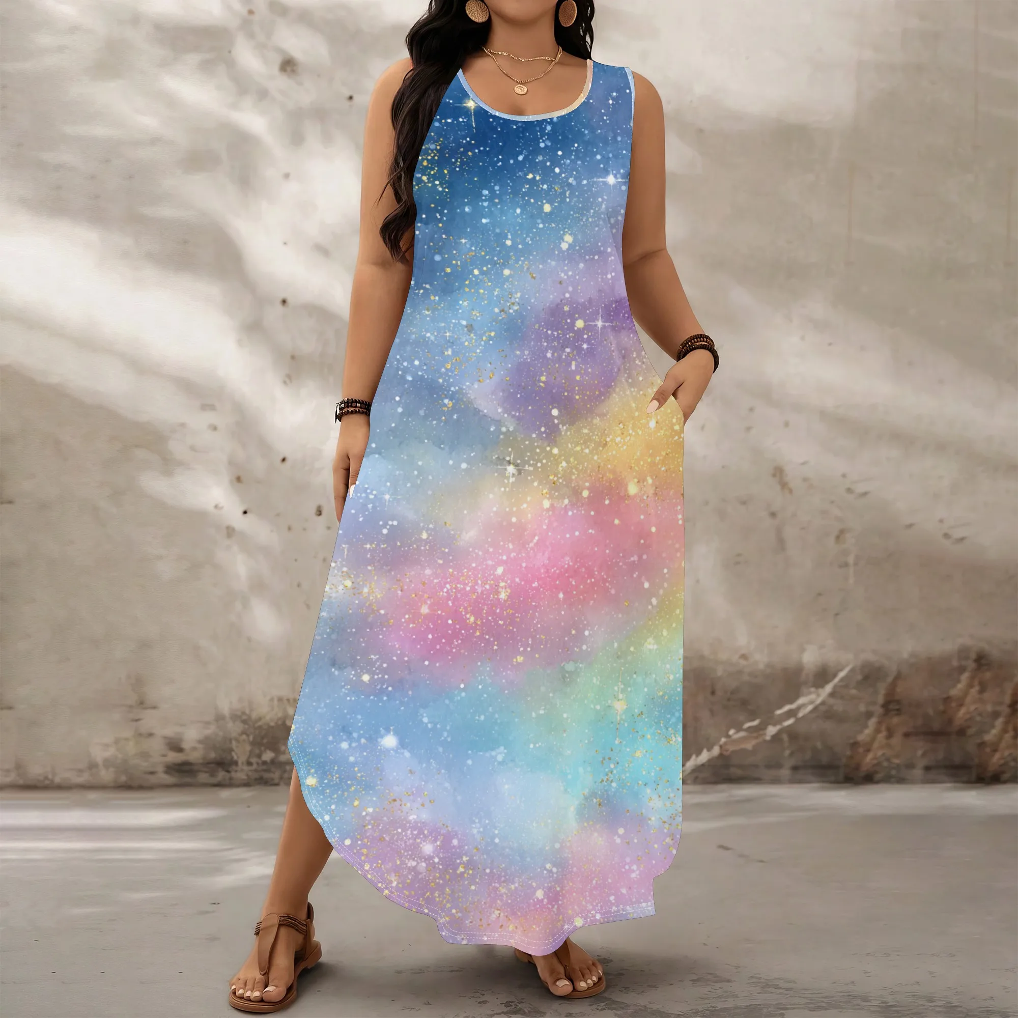 

2025 Women's Plus Size Star Print Maxi Dress XL-6XL Sleeveless Galaxy Ombre Rainbow Color Long Dress for Holiday Beach