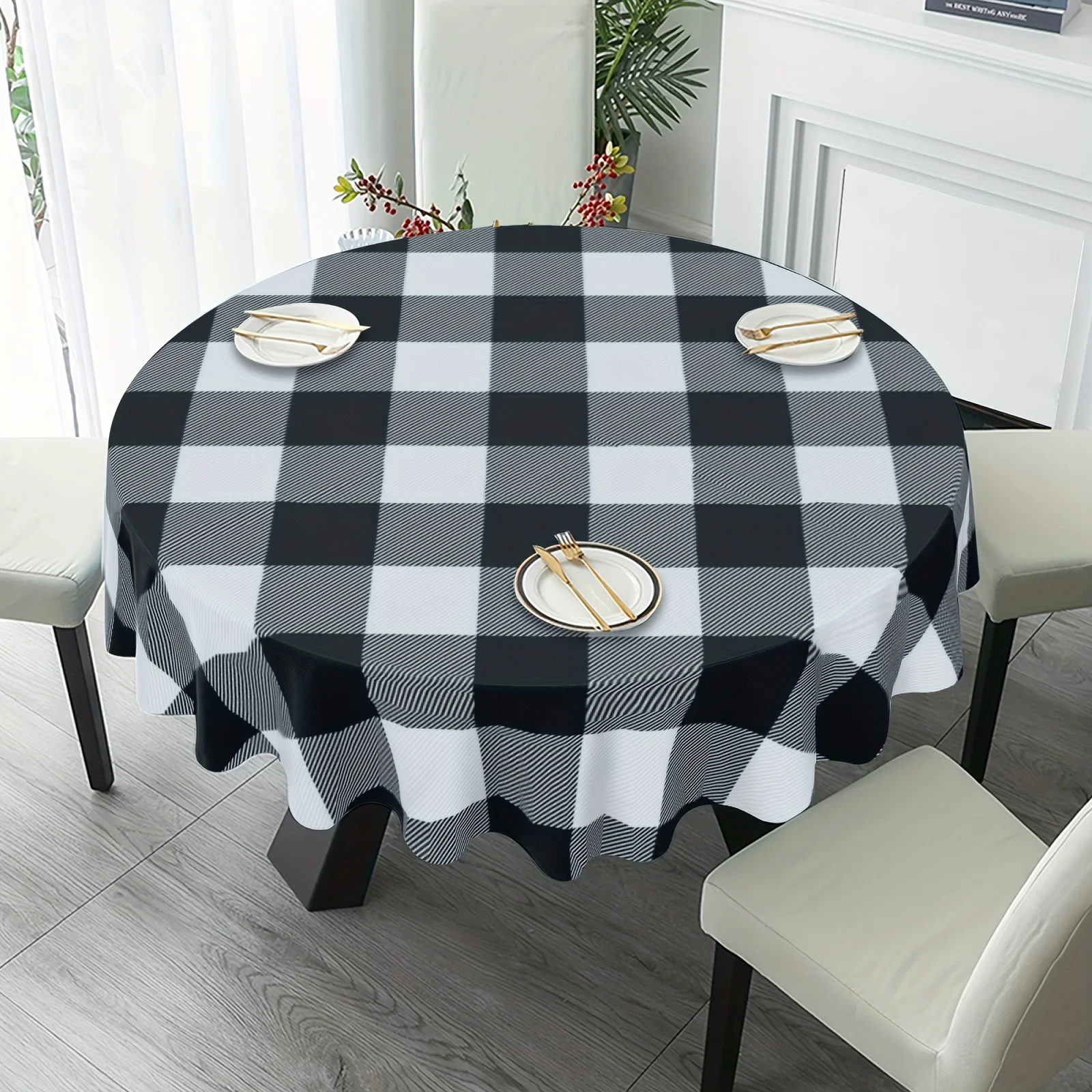 1PC, Round Tablecloth 60 Inch, Black And White Round Tablecloth, Stain Resistant, Water Resistant, Wrinkle Resistant, Simple Tab