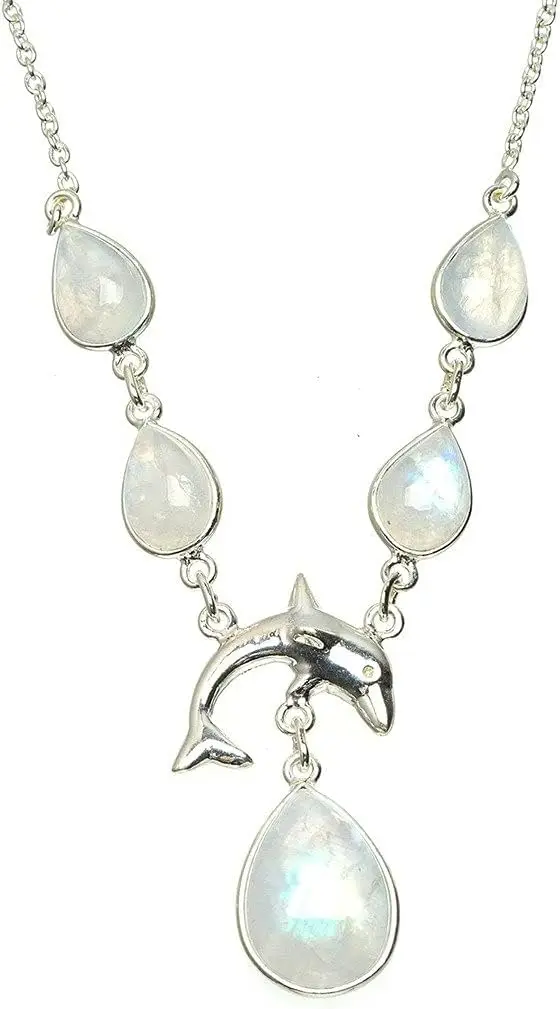 

Уникальное ожерелье ручной работы из стерлингового серебра 925 пробы Hesy с натуральным радужным лунным камнем 16,25 + 1,25 дюйма A3121