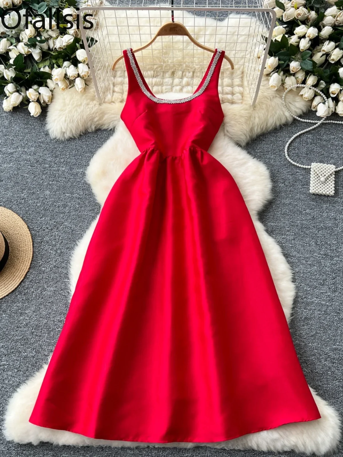 Ofallsis Red High End Dress Dinner Party 2024 Summer New Sleeveless Diamonds Studded Square Collar Waist Slimming Fluffy Dresses