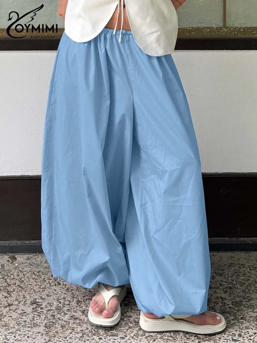 

Oymimi Casual Blue Cotton Women's Pants Autumn New Mid Waisted Loose Trousers Elegant New Simple Ankle-Length Pants Streetwear