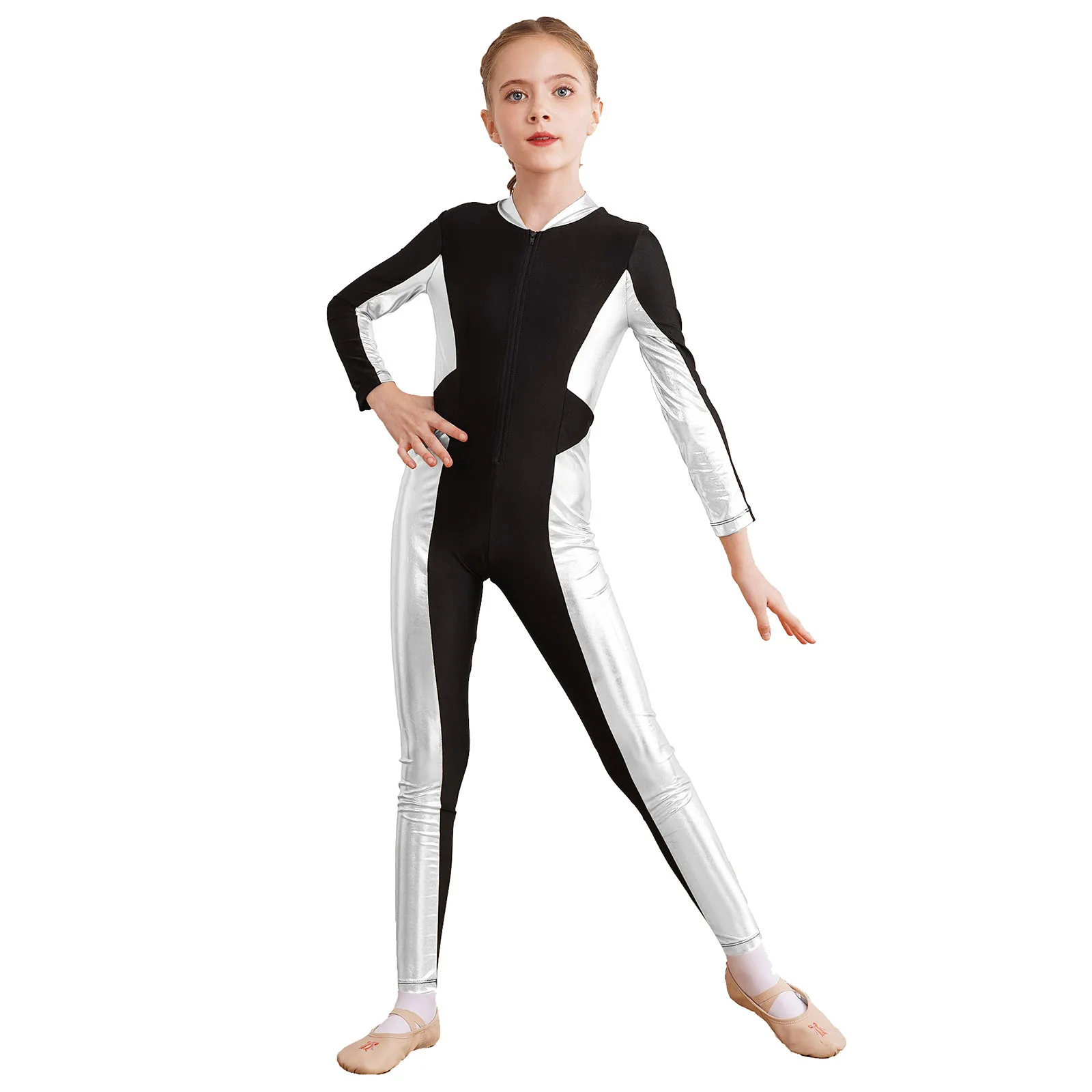 Kids Meisjes Rits Turnen Jumpsuit Metallic Patchwork Dancewear Lange Mouw Unitard Voor Kunstschaatsen Acrobatiek Bodysuit