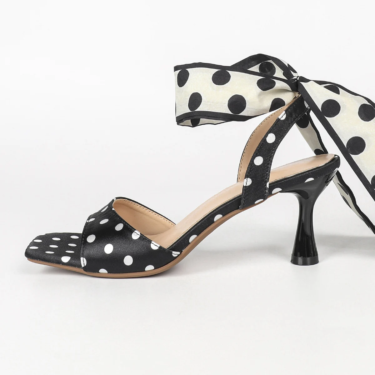 Black High Heels Sandals White Polka Dots Ankle Bow Dress Shoes 7cm Stiletto Heels For Woman Summer Sandals Plus Size 42