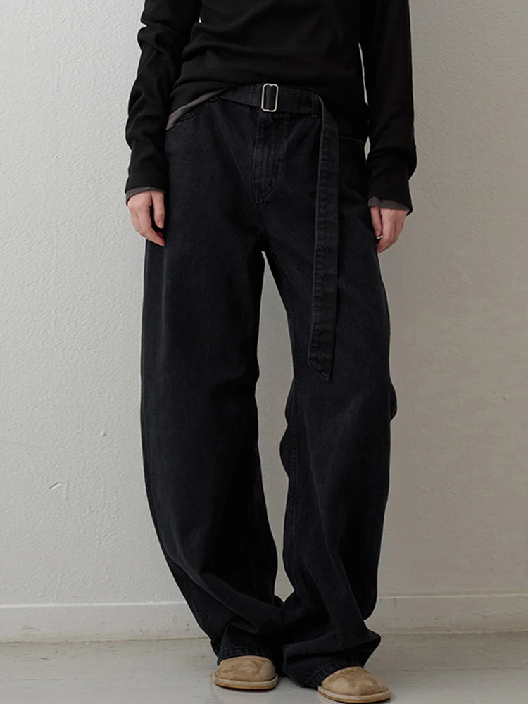 

Retro Waed Denim Jeans Women's Autumn Winter New Korean Version Detachable Waist Belt Knife Pants High Waist Straight Leg