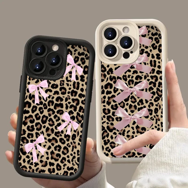 Leopard Print Pink Bow Silicone Phone Case For iPhone 16 15 14 13 12 11 Pro Max 7 8 Plus X XS XR SE Shockproof Bumper Back Cover