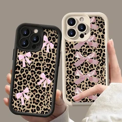 Leopard Print Pink Bow Silicone Phone Case For iPhone 16 15 14 13 12 11 Pro Max 7 8 Plus 16E X XS XR SE Shockproof Bumper Cover