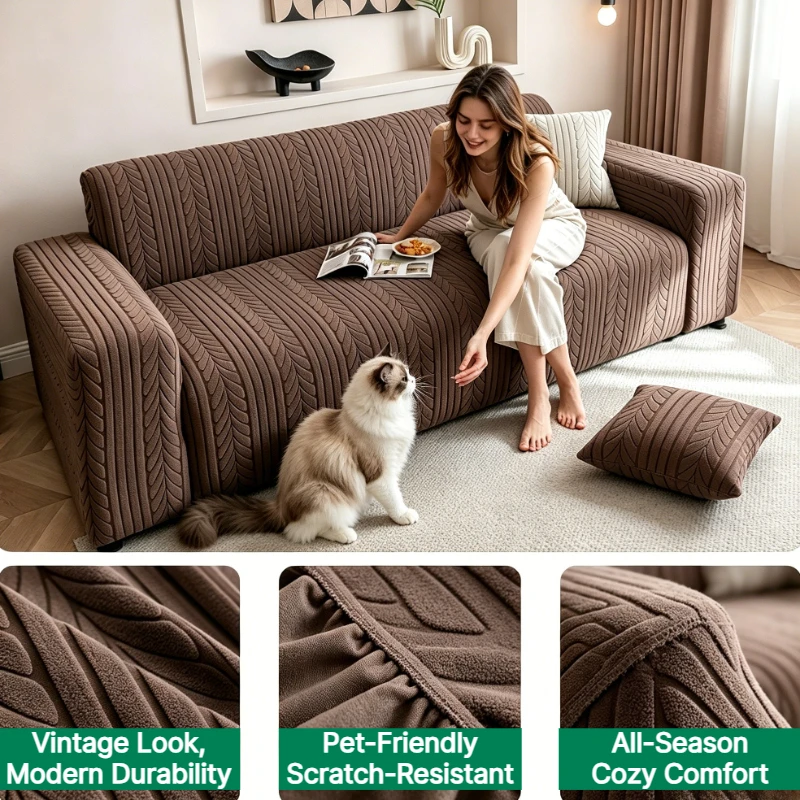 Jacquard Fleece Sofa Slipcover- Elastic Full Wrap Non-Slip Sofa Cover, All-Season Cozy Comfort, Pet-Friendly & Scratch-Resistant