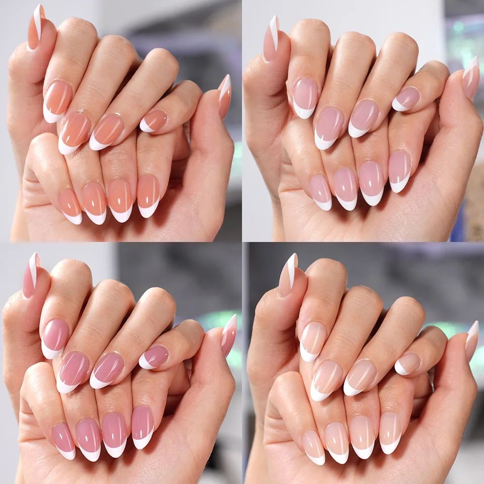 VITAGWX 32 uñas postizas cortas con diseño francés en forma almendra, acrílicas de alta calidad, reutilizables. 3