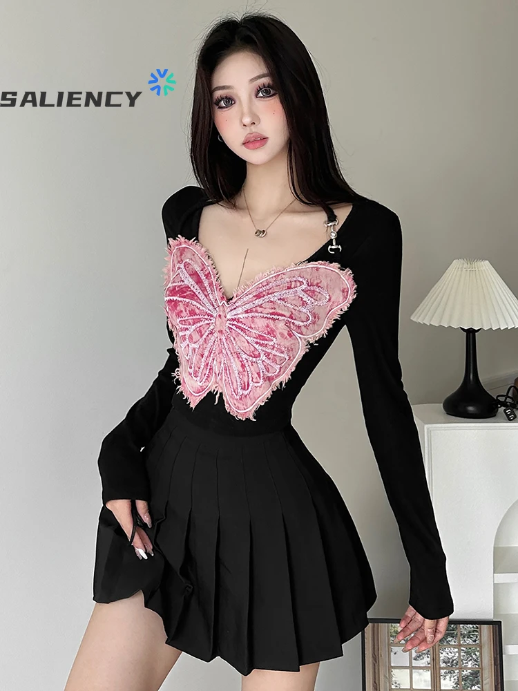 Girls Style Contrast Patched Pink Bow Hanging Neck T-shirts Y2K Aesthetic Long Sleeve Crop Tops Sweet Sexy Slim Tees