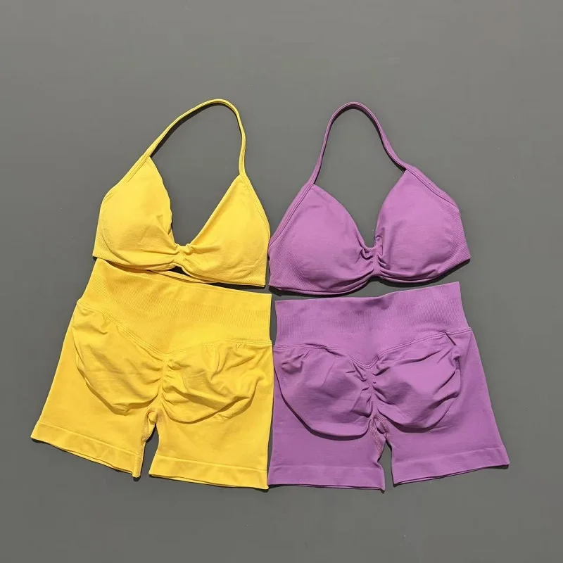 طقم رياضي مكون من قطعتين، حمالة صدر لليوجا، ملابس داخلية قصيرة، سراويل رياضية للجري، ملابس رياضية للسيدات، مجموعة يوجا بدون خياطة #5