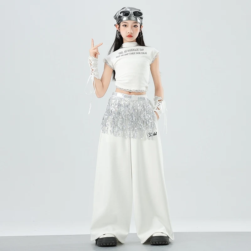 Mädchen Weiß Anzug Kleidung Hip Hop Jazz Dance Kostüme Kurzarm Top Pailletten Hüfte Schal Hosen Kpop Street Dance Tragen DQL10597