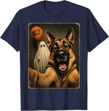 Deutscher Schäferhund Halloween Geister-Selfie Boo Hund Meme Grafik T-Shirt Y2k Gruselige Jahreszeit Hundeselfie Grafik Kleidung für Frauen Männer – Detail 17