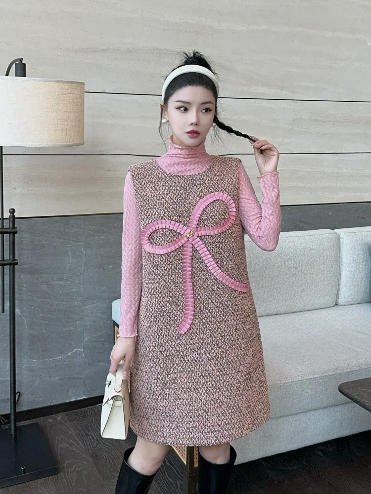 Gentle style bow tie two-piece vest dress for women 2024 winter new style light luxury temperament loose fit dress