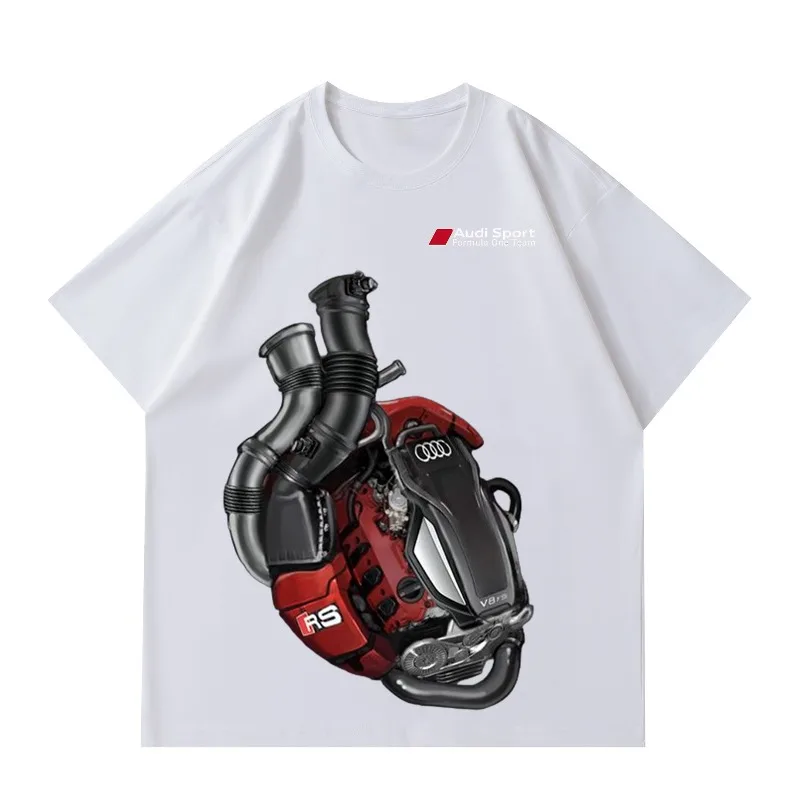 AUDI RS Engine Printed Men's Round Neck T-shirt, Car Enthusiasts' Fashion Item, Loose Casual Half Sleeved Top