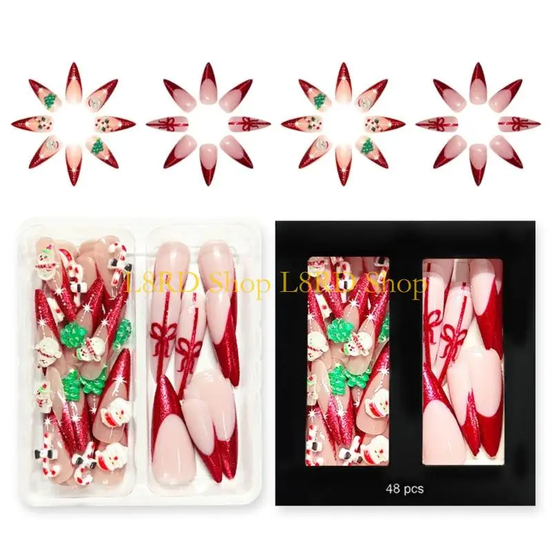 L8RD 48PC Christmas Wine Red French Glitters Press On Snowman Design Artificial With Sparkling Snowflakes For Holiday