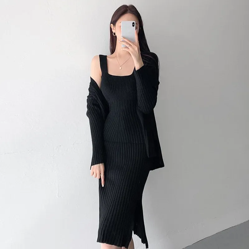 Hotsweet Women 2pcs Suits Full Sleeves Cardigan+Halter Spaghetti Strap Sheath Long Dress Knitted Solid Sets