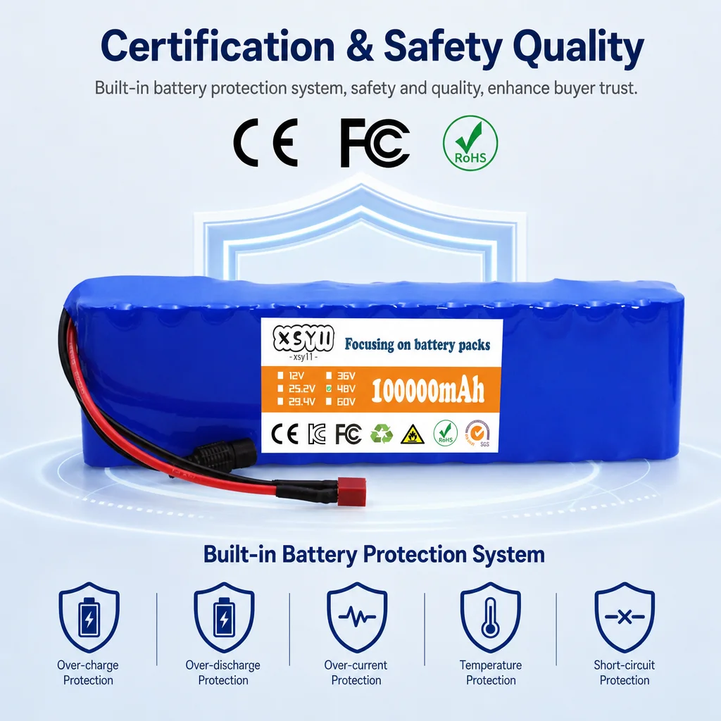 48V 13S2P Li-Ion Battery Pack for Electric Scooter Ebike Replacement with Blue Heat Shrink Shell and Connector Options