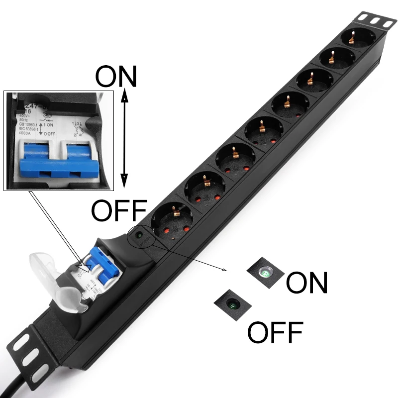 Network Cabinet Rack Power Strip 8AC Unit European German/French Socket 16A Dual Air Switch 2Meter Extension Cord