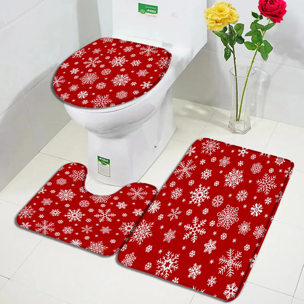 Red Christmas Bath Mat Set Cute Snowman Snowflake Blue Rope Ball Xmas Tree Winter Home Bathroom Decor Floor Rug Toilet Lid Cover