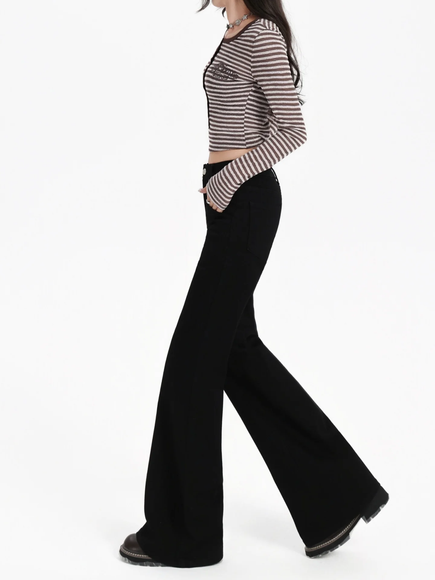 جينز Bla Fce مبطن بأرجل واسعة للنساء لخريف وشتاء مقاس كبير سروال مرن للتخسيس بخصر عالٍ من قماش الدنيم الأمريكي