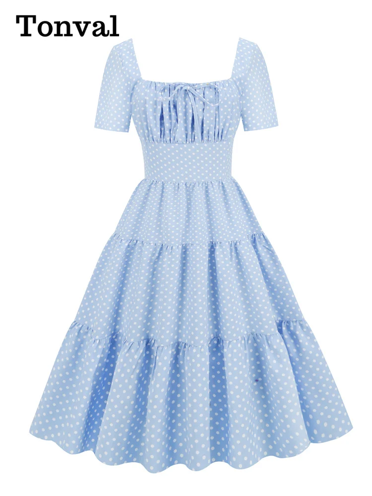 Tonval Square Neck Ruched Knot Front High Waist Elegant Blue Midi Dress Women Polka Dot Print Pleated Summer Vintage Dresses