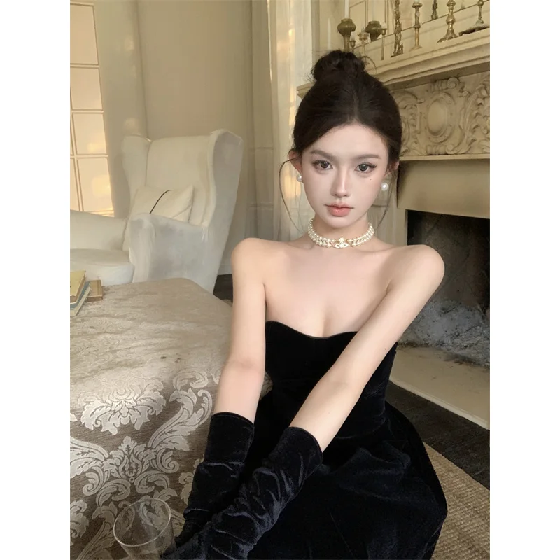 Elegant Party Dresses 2024 Solid Summer sleeveless Chic Fairy Skirt Shoulder Strap Heavy Work Delicate Princess Black Ball Dress