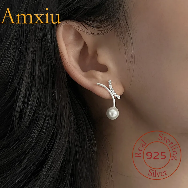 Amxiu Sterling Silver 925 Original Mystery Pure Silver X-Shaped Intersecting With Pearl Inlay, Low-Key Luxury,  Earrings