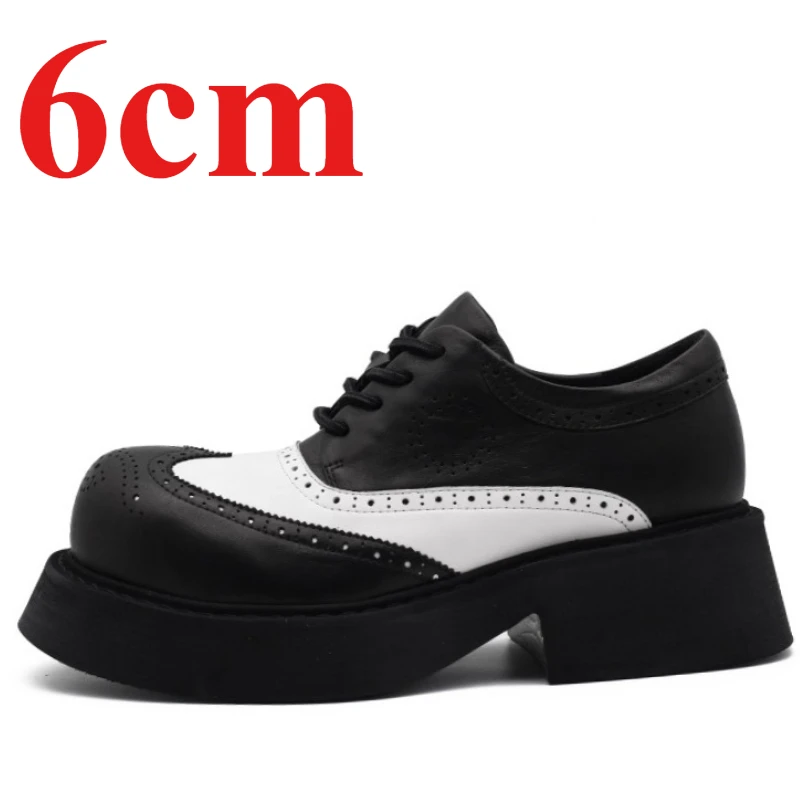 European Wide Version Derby Shoes for Men's Genuine Leather 6cm Thick Bottom Height Increasing Shoes Brock Carving Leather Shoes