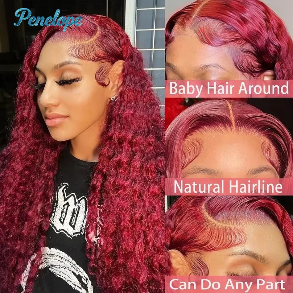 99J Burgundy 200% 13x4 HD Lace Front Wigs Human Hair Wine 30 36 Inch Deep Wave Brazilian Colored Curly 13x6 Lace Frontal Wig image 4