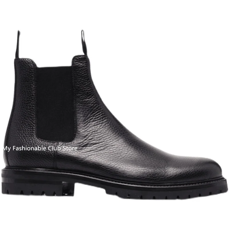 Mens Chelsea Boots Round Toe Genuine Leather Boots British Fashion Thick Bottom Ankle Boots New Autumn Winter Short Warm Boots