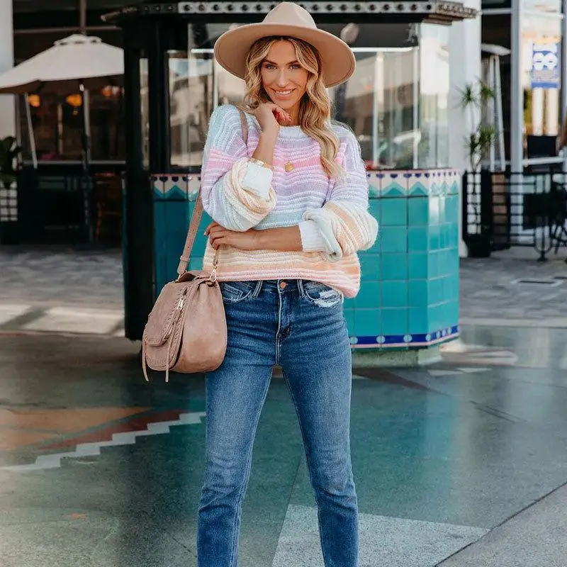 

Свободный длинный свитер с круглым вырезом Ne, осень-зима, женский модный удобный дышащий повседневный топ с радужным узором