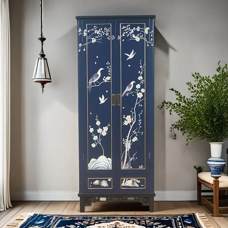 M New Chinese solid wood wardrobe gold foil painted large-capacity locker bedroom furniture high cabinet whole wooden cabinet