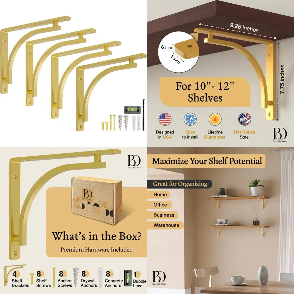 

Heavy-Duty 10 Inch Gold Metal Shelf Brackets - Wall Mounted Support, Classic Brass Style, Strong Shelving Brackets for Home Déco