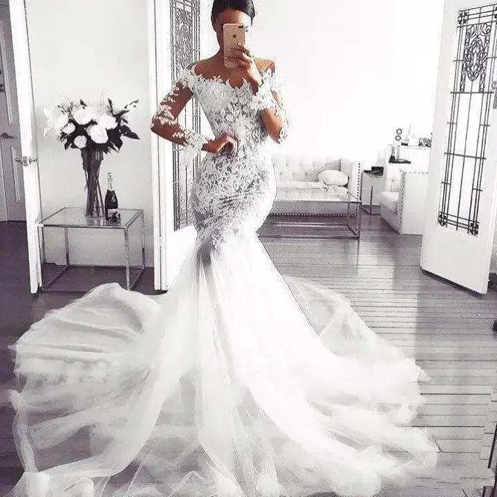 Customized New Off The Shoulder Lace Mermaid Wedding Dresses Sweep Robe Mariée Black Woman Cheap Long Sleeves Bridal Gowns