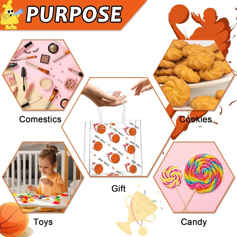 24개 농구공 투명 PVC 선물 가방 손잡이 포함 대량 8 x 8 x 3인치 스포츠 테마 간식 가방 농구팀 선물