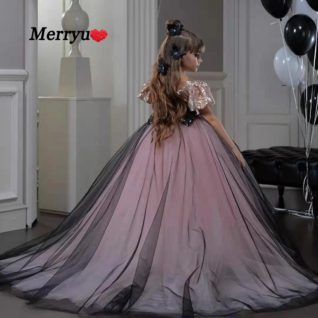 Pailletten Tüll Blumenmädchen Kleid Kurze Puffärmel Mädchen Prom Ballkleider Kinderkleid für Party Vestidos Para Niñas