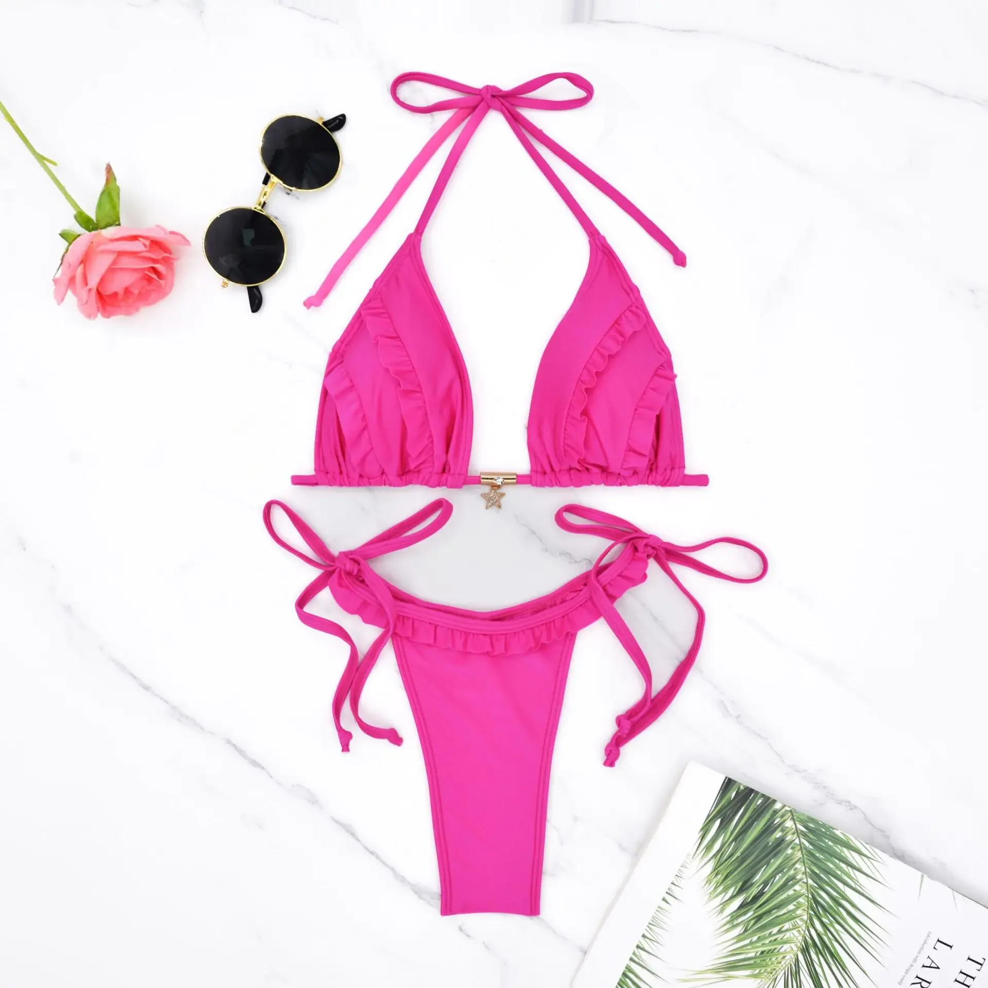 2025 sexy volantes cordón halter bikinis conjuntos 2 piezas estrella colgante acolchado tanga traje de baño femenino traje de baño biquini tankini