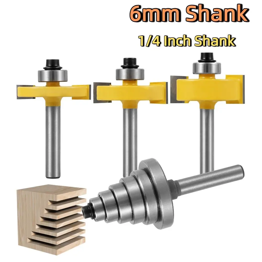3PCS 6mm Shank Rabbet Router Bit with 6 Interchangeable Bearings Set Adjustable Tenon Cutter Cemented Carbide Woodworking Bits