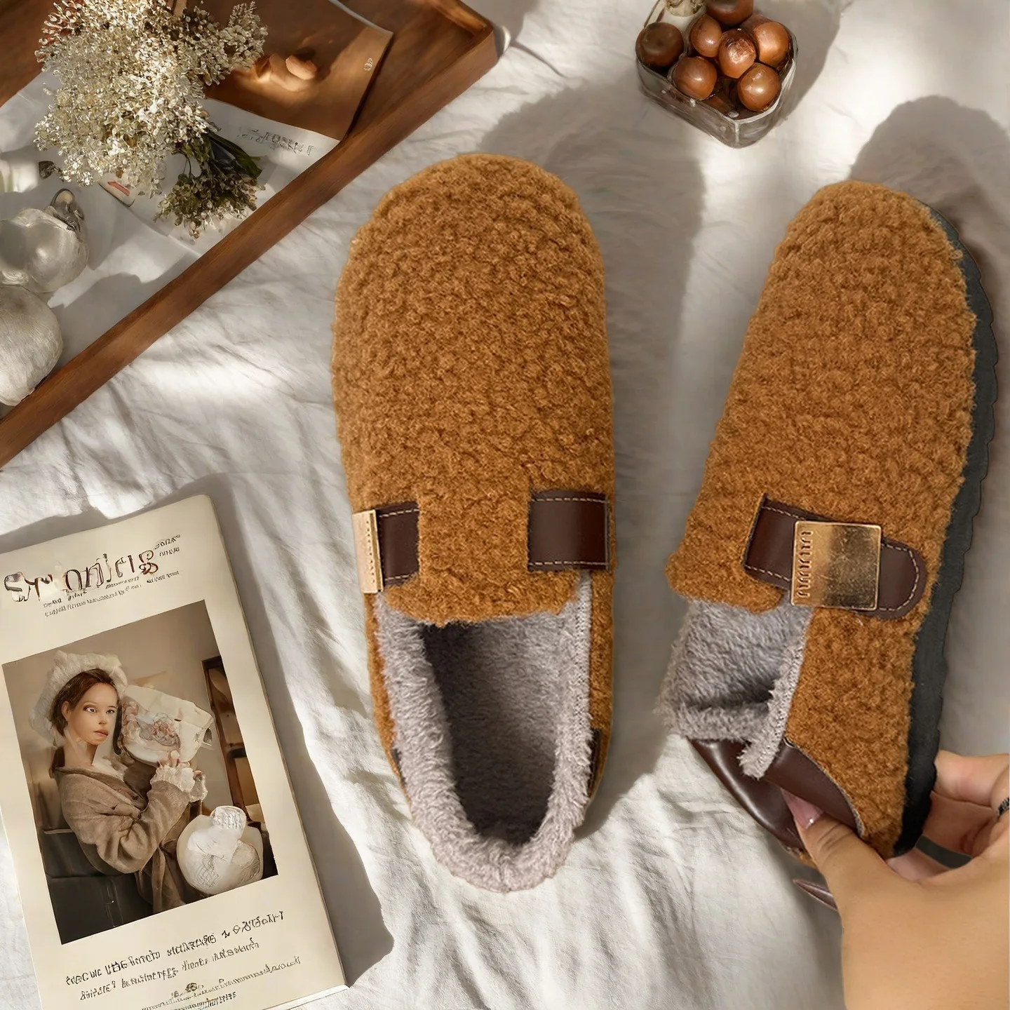 أحذية الشتاء النساء جولة تو الانزلاق على الأحذية النسائية المتسكعون الفراء حذاء رياضة كاجوال الخريف موديس الانزلاق على فستان الخف خريف جديد #1