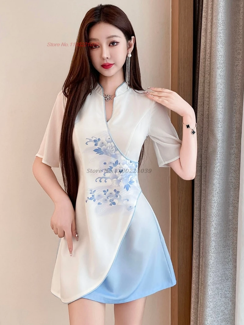 

2025 chinese sexy dress traditional flower print gradient color cheongsam dress+shorts set hotel spa work dress beauty uniform
